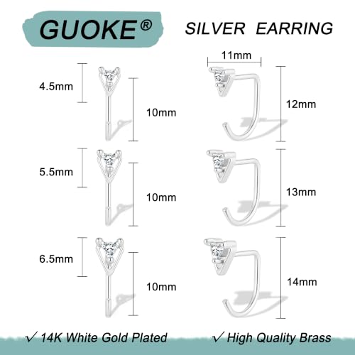 3 Pairs Backless Earrings for Women, Stay Close Half Hoop Earrings - color: Silver-CZ Triangle 4/5/6mm