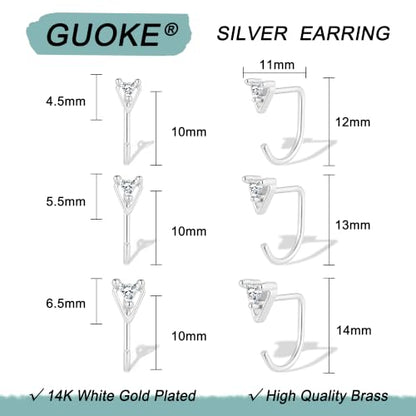 3 Pairs Backless Earrings for Women, Stay Close Half Hoop Earrings - color: Silver-CZ Triangle 4/5/6mm