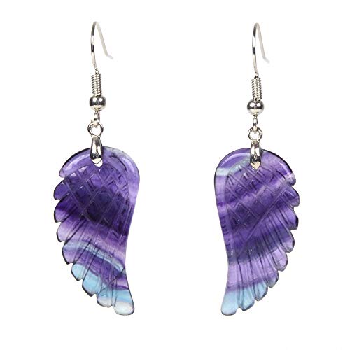 Gemstone Crystal Healing Reiki Chakra Handmade Angel Wing Dangle Earrings - color: Rainbow Fluorite