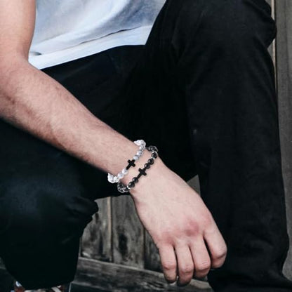 Mens Beaded Bracelets, 8MM Beaded Bracelets for Men, Natural Tiger Eye Bead Bracelet, Stretch Elastic Beads Bracelets for Men - color: volcanic yellow white black