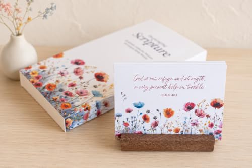 48 Encouraging Scripture Verse Cards with Walnut Wood Stand – 2 Unique Sets: Watercolor Wildflowers + Elegant Floral Design – Christian Desktop Bible Verse Affirmations for Daily Inspiration & Gifting