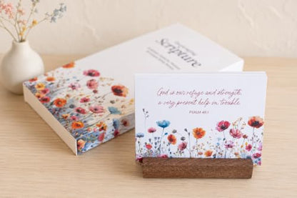 48 Encouraging Scripture Verse Cards with Walnut Wood Stand – 2 Unique Sets: Watercolor Wildflowers + Elegant Floral Design – Christian Desktop Bible Verse Affirmations for Daily Inspiration & Gifting