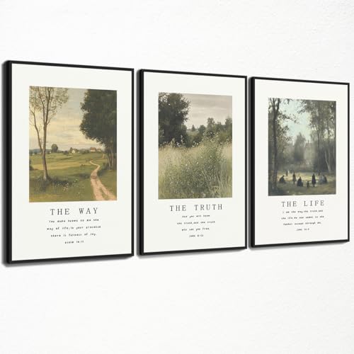 Christian Canvas Wall Art, Religious Scripture The Way The Truth The Life Poster, Set of 3 Bible Verses Print, Biblical Landscape Picture, Modern Spiritual Painting for Prayer 12x16in Framed - color: Set 2-Framed, size: 12L" x 16W"