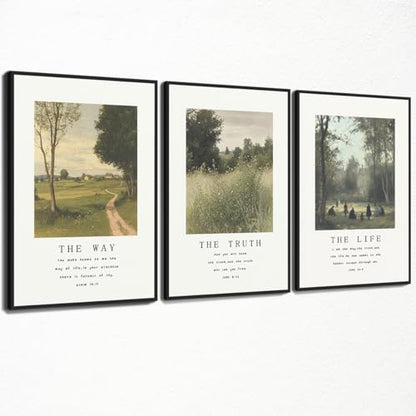 Christian Canvas Wall Art, Religious Scripture The Way The Truth The Life Poster, Set of 3 Bible Verses Print, Biblical Landscape Picture, Modern Spiritual Painting for Prayer 12x16in Framed - color: Set 2-Framed, size: 12L" x 16W"