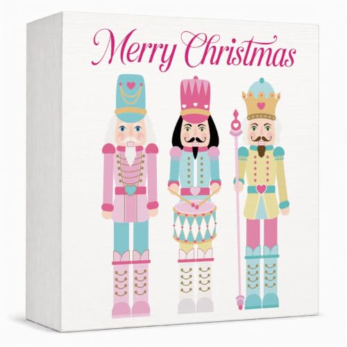 Pink Christmas Decor, Nutcracker Christmas Decorations Indoor, Merry Sign Gift for Women Friends, Rustic Farmhouse Wooden Box Sign for Home Shelf Office Bedroom Living Room Desk Decor 5x5 Inches - color: Merry Christmas-5