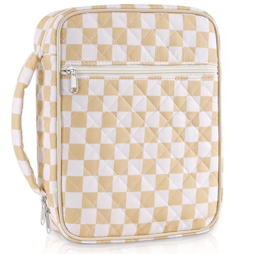 Bible Cover Case for Women Large Checkered Bible Bag Organizer Quilted Study Supplies Accessories Carrying Cases for Girls Portable Tote Bag Christian Gifts - color: Beige and White