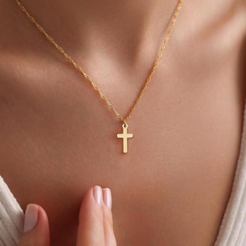 Cross Necklace for Women, Dainty 14K Gold Plated CZ Pendant - color: Gold-small cross