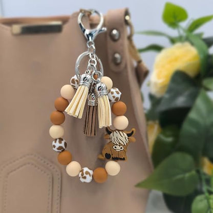 SHINYHARBOR Silicone Beaded Wristlet Keychain Bracelet,Key Wrist Keychains for Women Mom Teachers Best Friend - color: Cow-brown