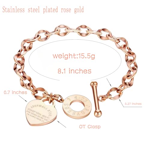 Heart Charm Bracelet Plated 18K Gold/Silver/Rose Gold Bible Scripture Heart Bracelet for Women Jewelry Gift Her Link Chain OT Clasp Stainless Steel - color: Rose Gold（8.1 inch ）