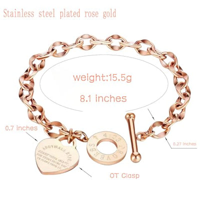 Heart Charm Bracelet Plated 18K Gold/Silver/Rose Gold Bible Scripture Heart Bracelet for Women Jewelry Gift Her Link Chain OT Clasp Stainless Steel - color: Rose Gold（8.1 inch ）