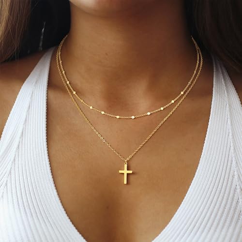 Cross Necklace for Women 14K Gold Silver Plated Small Cross Necklace Dainty Cross Pendant Choker Simple Trendy Cute Sideway Cross Charm Chain Necklaces for Women Trendy Christian Baptism Religious Faith Jewelry Gifts - size: Gold-519