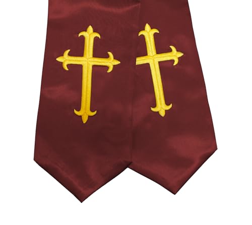 Unisex Clergy Stole with Embroidery Cross 72", Traditional Choir Stole - color: Maroon