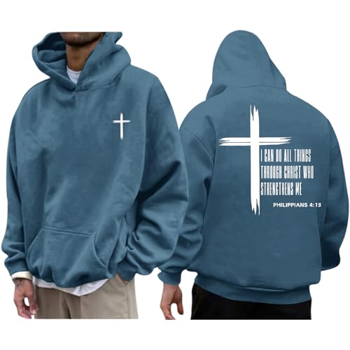 Tuislay Mens I Can Do All Things Through Christ Hoodies Christian Jesus Hoodie Religious Cross Sweatshirt Faith Pullover Tops - color: Deep Blue, size: XX-Large