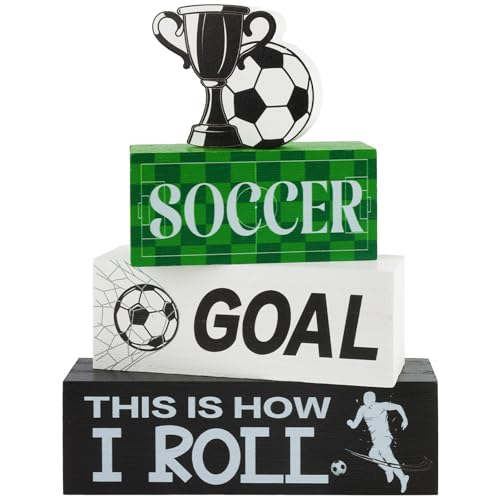 4 Pcs Soccer Wooden Tabletop Decor Soccer Wooden Block Signs Gift World Cup Table Sign Rustic Tiered Tray Decor Sports Themed Table Decorations for Boys Room Office Shelf Fireplace - style: Soccer