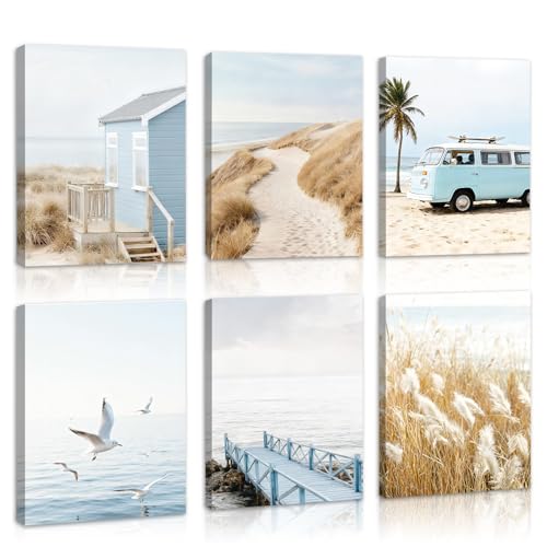 HOURIA 6Pcs Coastal Beach Canvas Wall Art(12”x16”), Summer Blue Ocean Sand Seascape Wall Decor,Vintage Cabin Camper Van Boardwalk Seagulls Art Print for Farmhouse Living Room Bedroom Office - color: Summer Coastal Beach Wall Art, size: 12X16inches