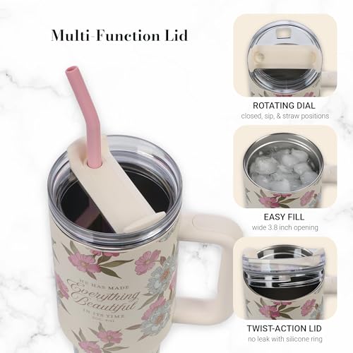 Christian Art Gifts Extra Large Double-Wall Stainless Steel Insulated Women's Travel Mug Tumbler: Everything Beautiful Inspirational Scripture, Reusable Straw, Twist Dial Lid, White/Pink Floral, 40 oz - color: White & Pink Floral/Everything Beautiful