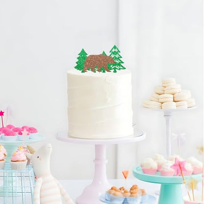 One Camping Bear Cake Topper, Camping Birthday Cake Decor, Green Glitter Lumberjack Cake Topper for Woodland Themed Baby Shower Party Decoration - style: Woodland Bear