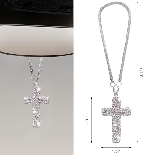Cross Car Rearview Mirror Ornament, Shiny Rhinestone Cross Auto Rear View Mirror Pendant, Bling Religious Charms Interior Decor for Most Vehicles Rearview Mirrors (Silver) - color: Silver