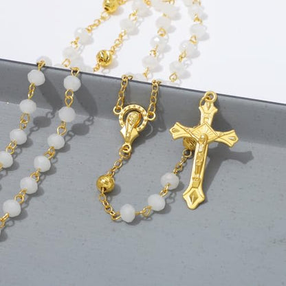 KOMI Crystal Rosary Beads with Jesus Crucifix, Catholic Necklace for Women First Communion Rosarios Wedding Rosary with Velvet Bag - style: 6MM-white