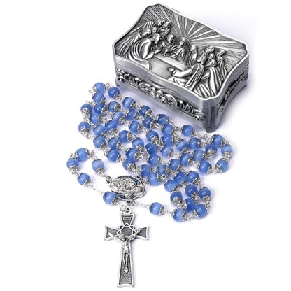 Rosary Beads Catholic for Woman - Italy 8-9mm AAA+ Natural Blue Cat Eyes Gemstone Rosary Beads.