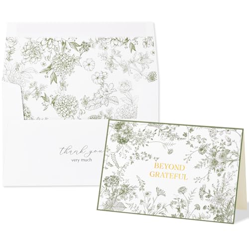 Crisky 4x6 Beyond Grateful Thank You Cards with Envelopes Bulk, 50 Pack Green Floral Thank You Notes with Envelopes Set for Bridal Shower, Wedding Engagement, Baby Shower, Graduation, Birthday - style: Modern