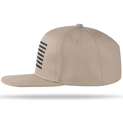 UALON Baseball Cap, Snapback Trucker Hat for Men & Women with American Flag and Adjustable, Breathable Mesh, Flat Bill Hats - color: Khaki