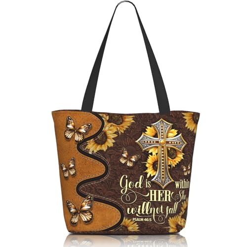 Bible Tote Bags for Women Christian Tote Bag Church Shoulder Bag Inspirational Bags With Zipper Christian Gift - color: God is Within Her She Will Not Fall