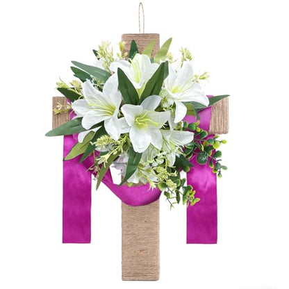 Easter Cross Wreaths for Front Door, 16" Religious Spring Wreath with Lily and Purple Ribbon, Christian He is Risen Easter Decor, Rustic Twine Wrapped Hanging Ornament Wall Porch Farmhouse Home Decor