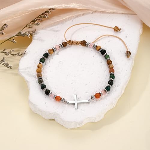 Cross Bracelets for Women Girls, Christian Gifts for Women Natural Stone Beaded Bracelets First Communion Confirmation Baptism Gifts Catholic Easter Christmas Inspirational Gift Jewelry - color: African Turquoise 2 - Every Day