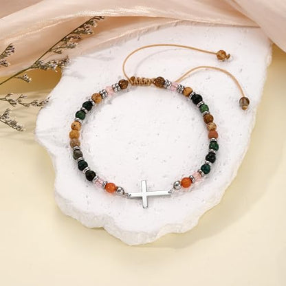 Cross Bracelets for Women Girls, Christian Gifts for Women Natural Stone Beaded Bracelets First Communion Confirmation Baptism Gifts Catholic Easter Christmas Inspirational Gift Jewelry - color: African Turquoise 2 - Every Day