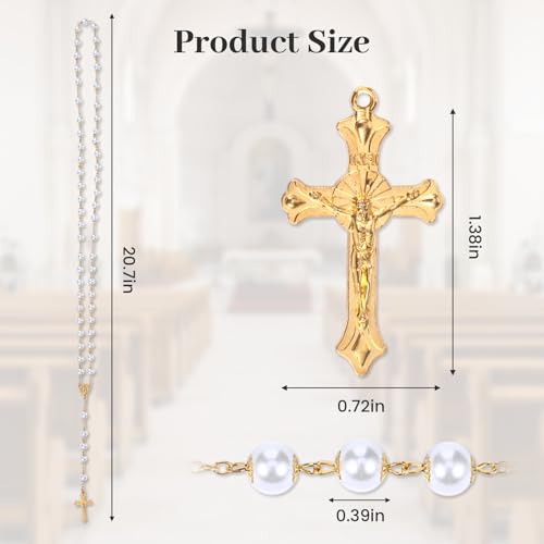 Rosary Beads Catholic for Women,Gold White Rosary Necklace for Women,Glass Pearl Beads Rosary Necklaces,Imitation Pearl Bead Necklace Rosarios Catolicos with Pouch,Catholic Gifts for Adults