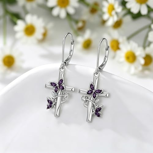 Butterfly Earrings for Women 925 Sterling Silver Birthstone Butterfly Cross Rose Dangle Earrings Elegant Butterfly's Jewelry Gift for Birthday Valentines Day Christmas - color: 2-February