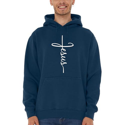 Jesus Cross Christian Pullover Hoodie for Men Women, Inspirational Gift - color: Navy, size: Large