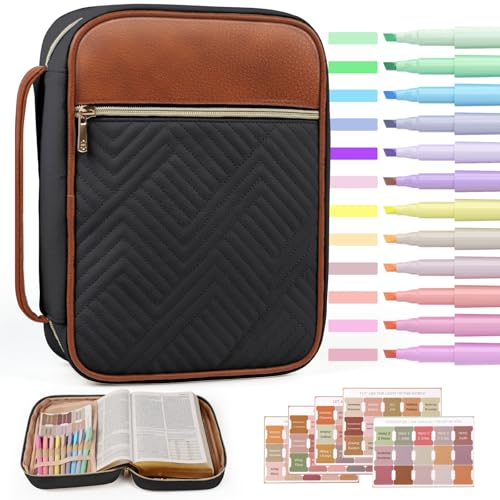 BellaHold Bible Cover Case for Women Quilted Bible Case with Handle Strap - color: Black & Brown, size: M/L