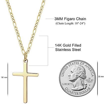 Joxevyia 14K Gold Filled Cross Necklace for Men Figaro Chain Stainless Steel Polished Cross Pendant Necklace Simple Baptism Faith Jewelry Gift - size: 22 inches, style: Big cross pendant(1.2"*0.7")