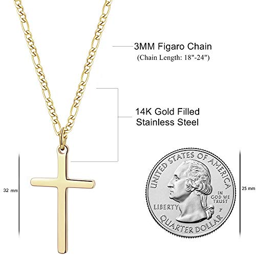 Joxevyia 14K Gold Filled Cross Necklace for Men Figaro Chain Stainless Steel Polished Cross Pendant Necklace Simple Baptism Faith Jewelry Gift - size: 18 inches, style: Big cross pendant(1.2"*0.7")