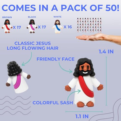 Mini Jesus Figures 50 Pcs-Tiny Jesus Bulk-Little Christ Figurines for Easter Egg Stuffers, Religious Party Favors and Gifts, Sunday School, Classroom Crafts, Baptism, Confirmation (Multicolor Jesus)