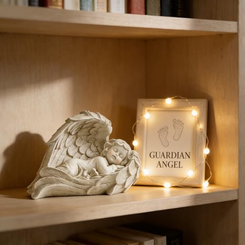 Sleeping Angel Statue, Baby in Wings Cherub Figurine - size: 7.9"H