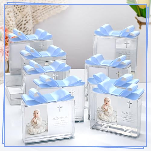 Vercraft 24 Set Baptism Picture Frame 3.5 x 5 Acrylic Baby Shower Baptism Favor Christening Gifts for Boy Girl with Plastic Crystal Boxes and Satin Ribbon Bows for Religious First Communion(Silver) - color: Silver