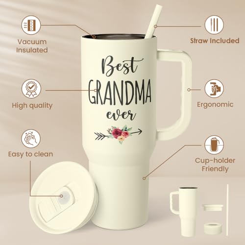 Grandma Tumbler with Handle 40oz, Grandmother Gifts from Granddaughter Grandson, Stainless Steel Tumblers Coffee Travel Cup, Gifts for Nana Mimi Grandmom on Birthday Christmas Mothers Day Valentines - color: Grandma