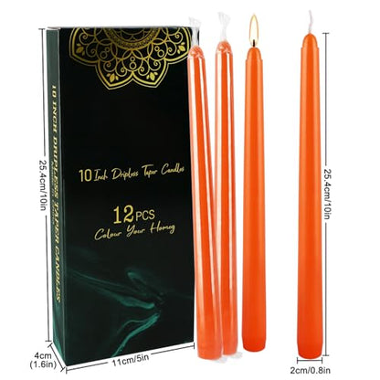12 Pack 10 Inch Orange Taper Candles - Dripless Smokeless 8-Hour Long Burning Candlesticks for Fall, Halloween & Wedding (Gift Box) - color: orange-10"12pcs