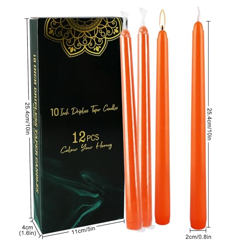 12 Pack 10 Inch Orange Taper Candles, Dripless Wax - color: orange-10"12pcs