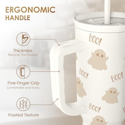 SANDJEST Boo Tumbler with Handle and Straw 40oz – Stainless Sleel Slider Tumbler Travel Coffee Mug for Women - Gift Idea for Fall Autumn Halloween Christmas - color: Boo 1