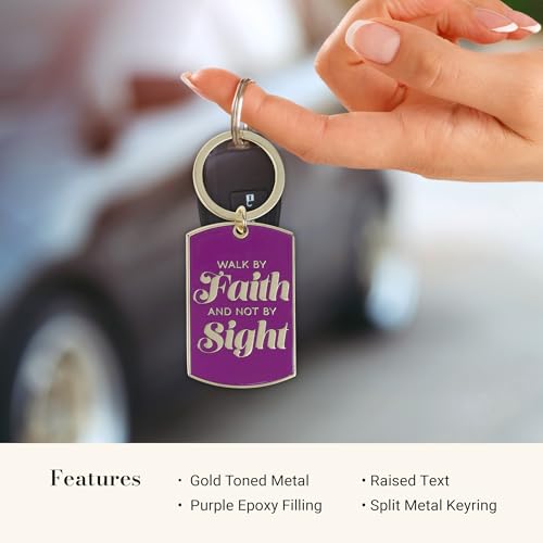 Christian Art Gifts Novelty Scripture Keychains for Women: Large Rectangular Medallion Engraved Keyrings, Multicolor Designs - color: Walk By Faith/Purple & Gold