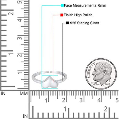 Blue Apple Co. Adjustable Heart Toe Ring Band 925 Sterling Silver (6mm) - color: Sterling Silver