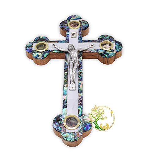 XLarge Handmade Mother of Pearl wall cross inlaid over Olivewood- Modern Religious Home wall décor - Unique Wooden crucifix for all occasions