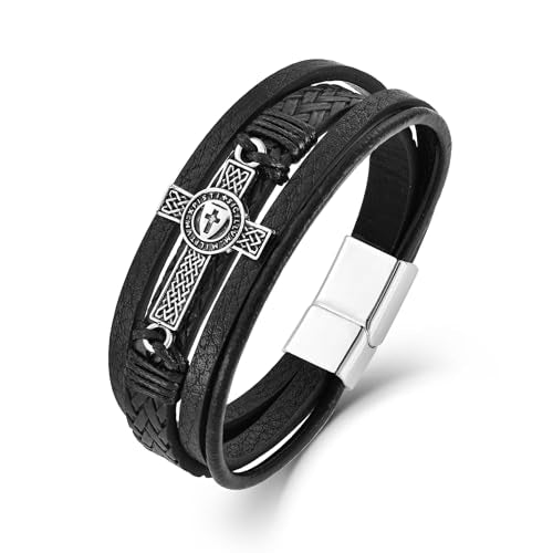 Men's Leather Cross Bracelet Vintage Celtic Knot Shield - color: Black