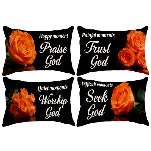 Christian Faith Throw Pillow Covers 12x20 Inch Inspirational Bible Verse Orange Rose Decorative Pillowcases Church Religious Cushion Covers 4Pack, Gift for Christian & Faith Lovers (Orange) - color: Orange
