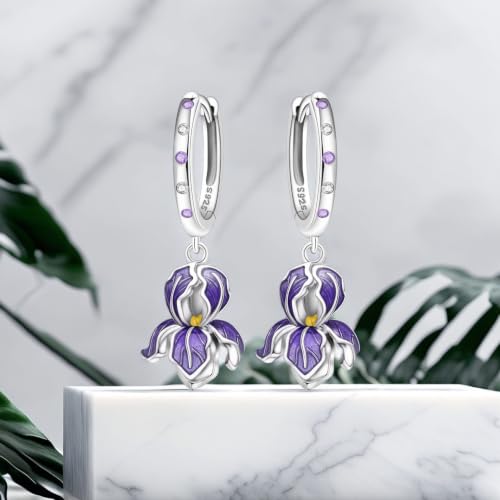 925 Sterling Silver Drop & Dangle Earrings for Women,Butterfly Dragonfly and Bee|Flower and leaf Earrings, Suitable for Sensitive Ears Fashion Jewelry Gift- Hypoallergenic Earrings - color: Purple Iris Earrings