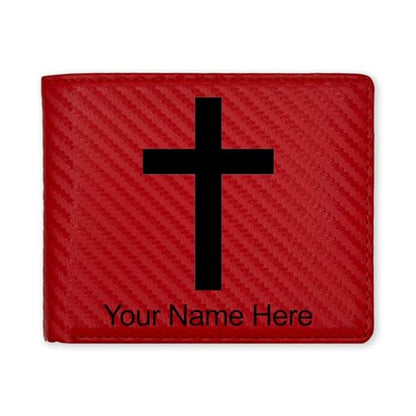 LaserGram Personalized Wallet, Christian Cross (Carbon Fiber Red) - color: Carbon Fiber Red